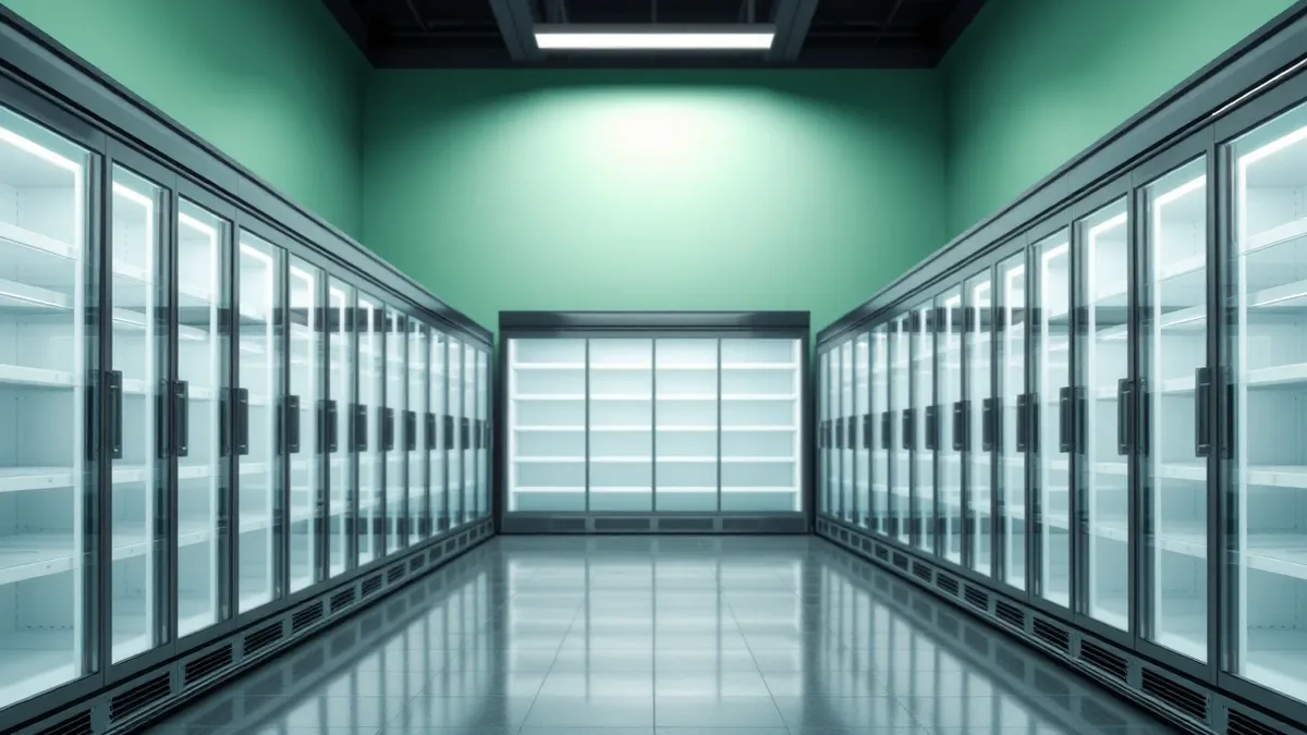 Illustration: A blurred supermarket aisle shows rows of refrigerated cabinets with their glass doors fogged by continuous condensation.