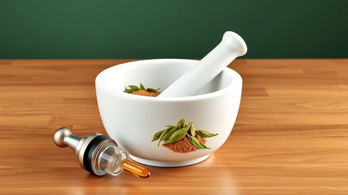 Illustration: A white ceramic mortar and pestle sit on a wooden countertop, holding a pile of bright green dried leaves next to a small mound of fine brown powder.