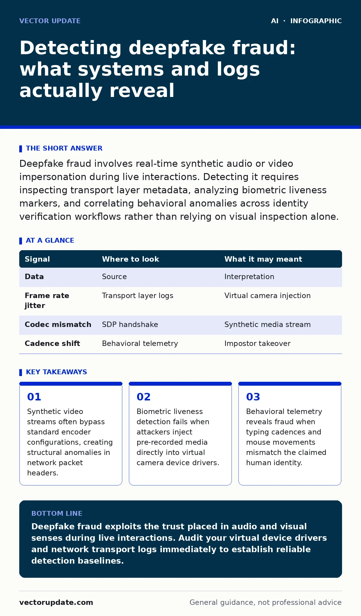 Infographic: Detecting deepfake fraud: what systems and logs actually reveal. Synthetic video streams often bypass standard encoder configurations, creating structural anomalies in network packet headers. Biometric liveness detection fails when attackers inject pre-recorded media directly into virtu