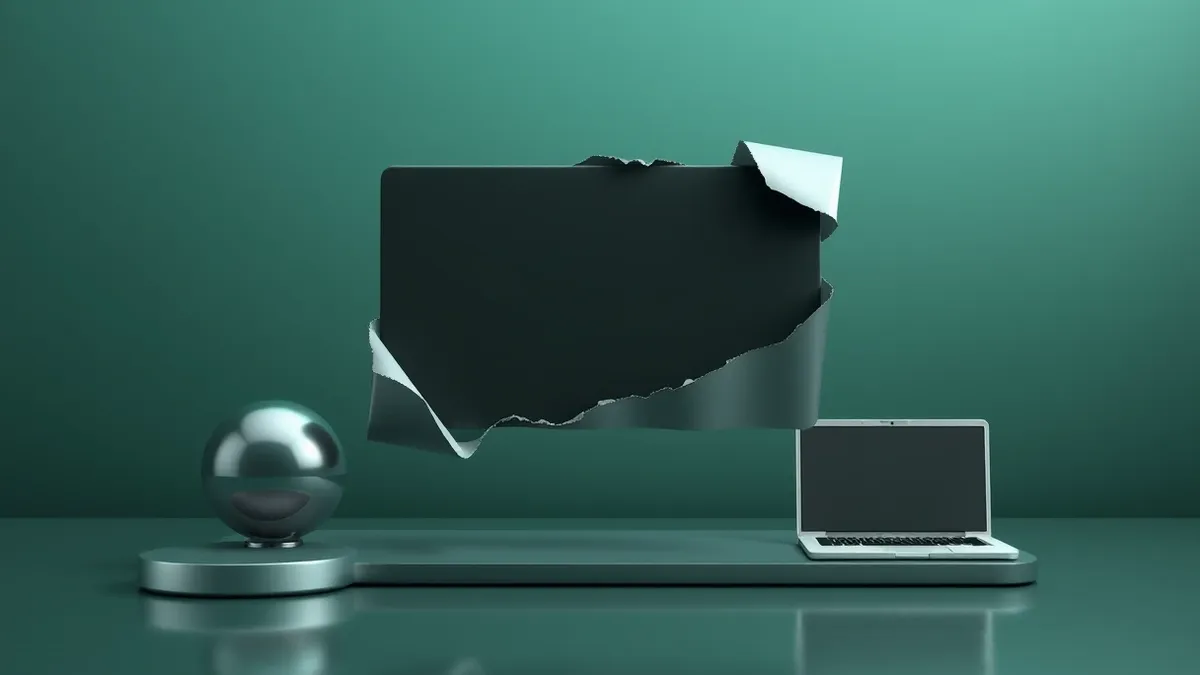 Illustration: A digital video file hovers in mid-air, its surface peeling back to reveal jagged layers of corrupted pixel data and fragmented transmission buffers beneath the smoot