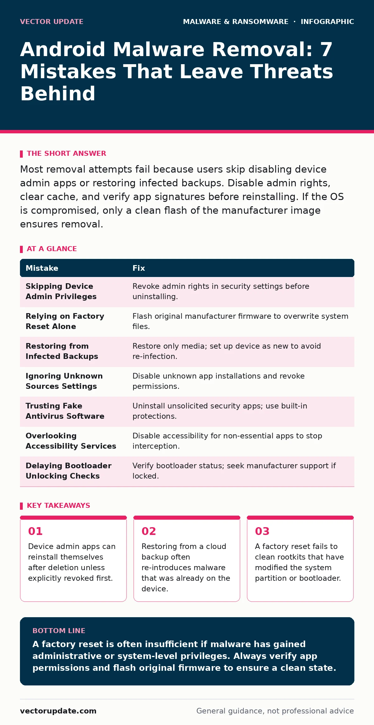 Infographic: Android Malware Removal: 7 Mistakes That Leave Threats Behind. Device admin apps can reinstall themselves after deletion unless explicitly revoked first. Restoring from a cloud backup often re-introduces malware that was already on the device. A factory reset fails to clean rootkits tha