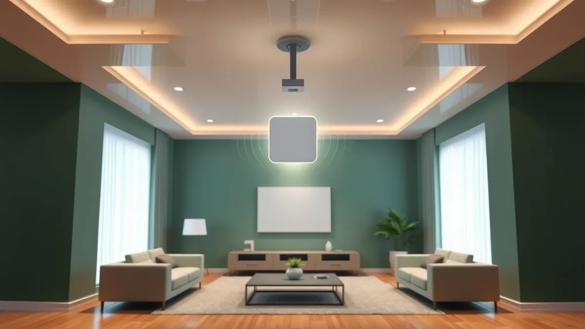 Illustration: A small white square sensor mounted on a ceiling wall emits faint invisible waves toward a living room.