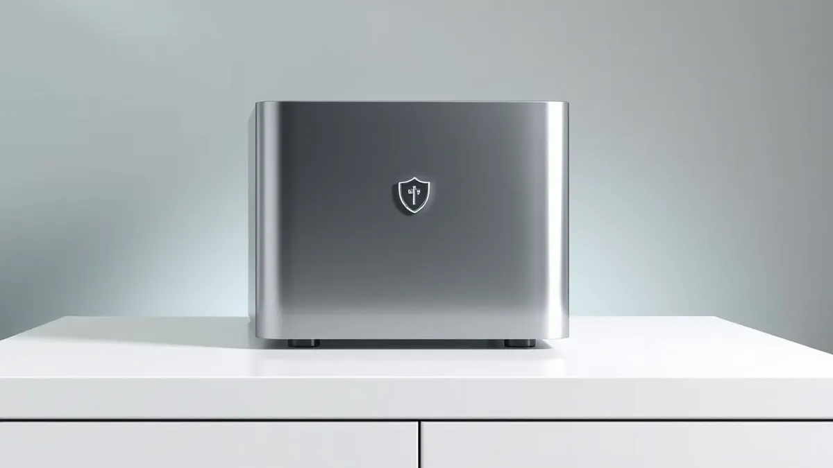 Illustration: A sleek, silver server unit sits on a clean white desk, its front panel featuring a subtle, geometric shield emblem etched into the metal surface.