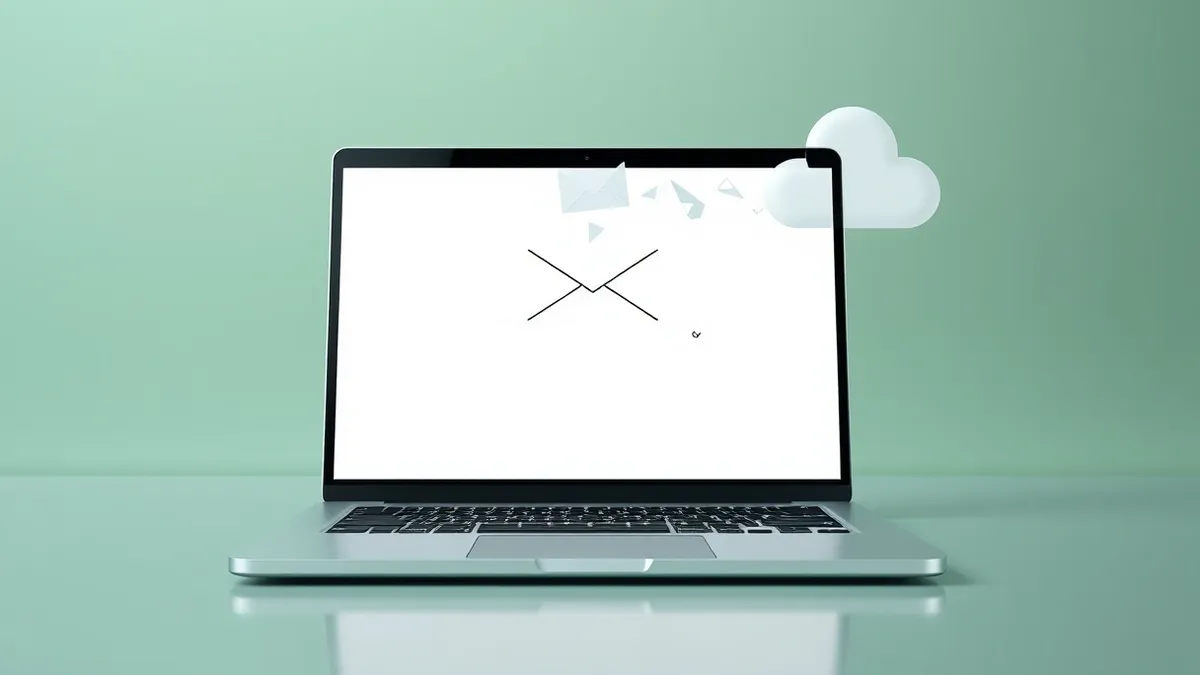 Illustration: An open laptop screen displays a blank search field while a stylized, fragmented digital envelope floats above the keyboard.