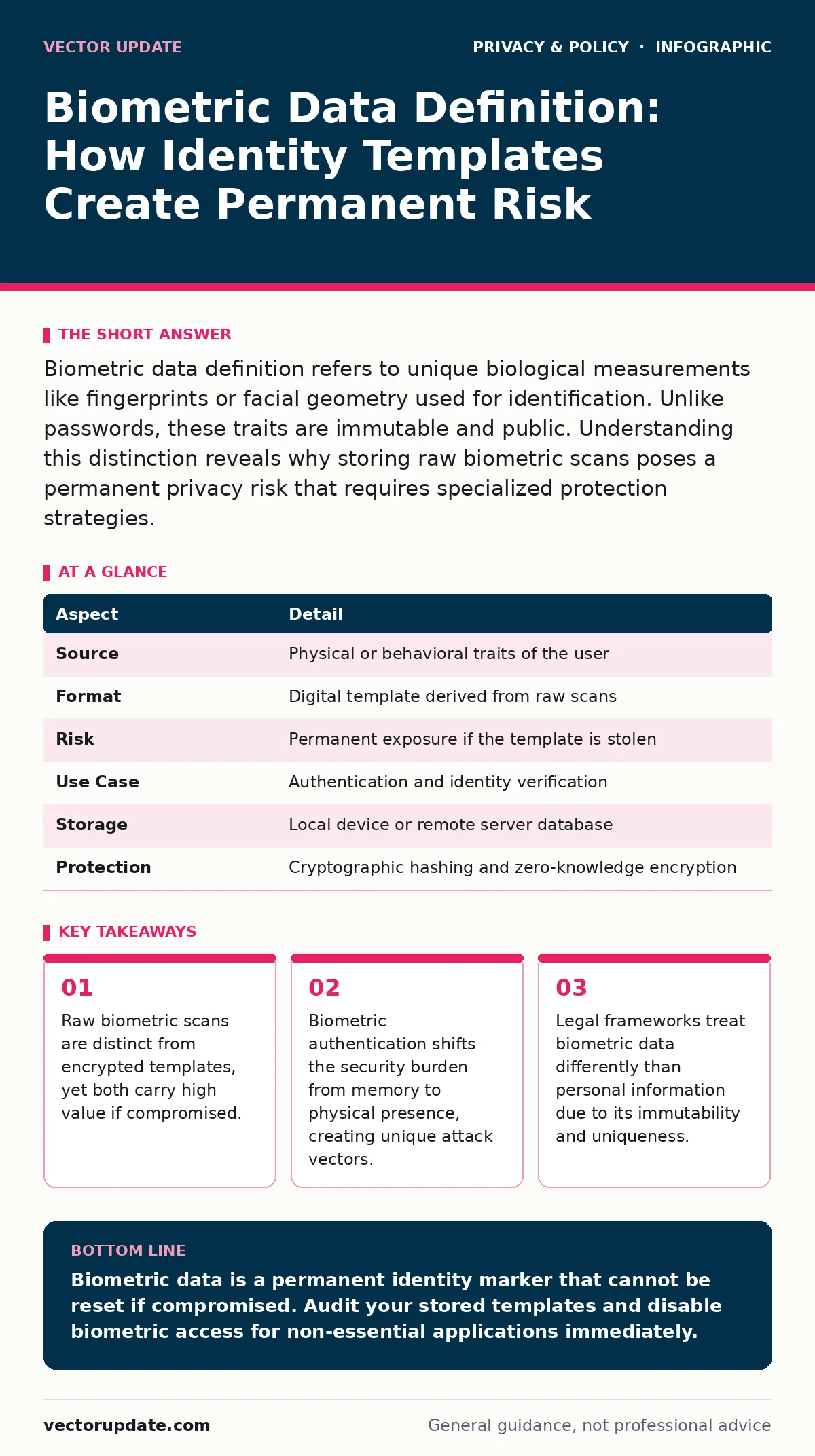 Infographic: Biometric Data Definition: How Identity Templates Create Permanent Risk. Raw biometric scans are distinct from encrypted templates, yet both carry high value if compromised. Biometric authentication shifts the security burden from memory to physical presence, creating unique attack vect