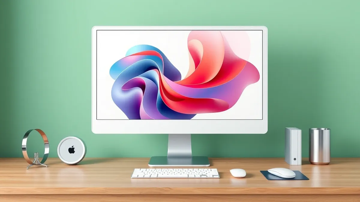 Illustration: A sleek white desktop computer sits on a clean wooden desk, its monitor displaying a vibrant abstract composition of swirling geometric shapes and soft color gradient