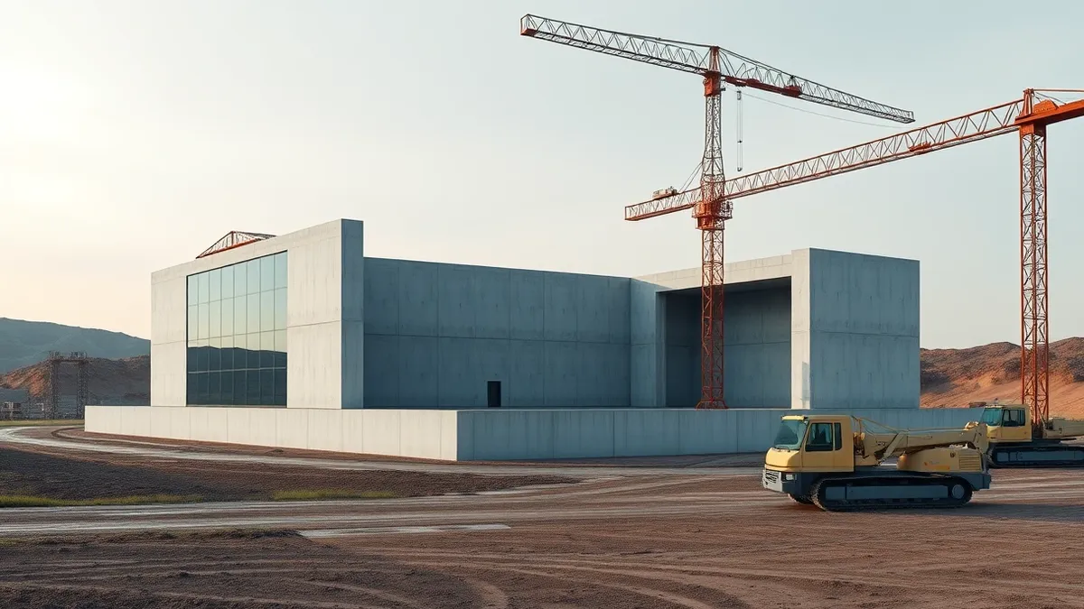 Illustration: A massive concrete data center foundation sits empty and unfinished in a muddy field.