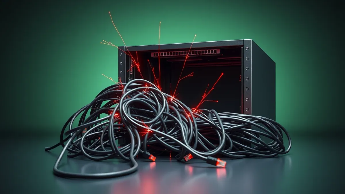 Illustration: A chaotic tangle of distorted network cables spills from an open server chassis, with jagged red sparks jumping between loose connectors.