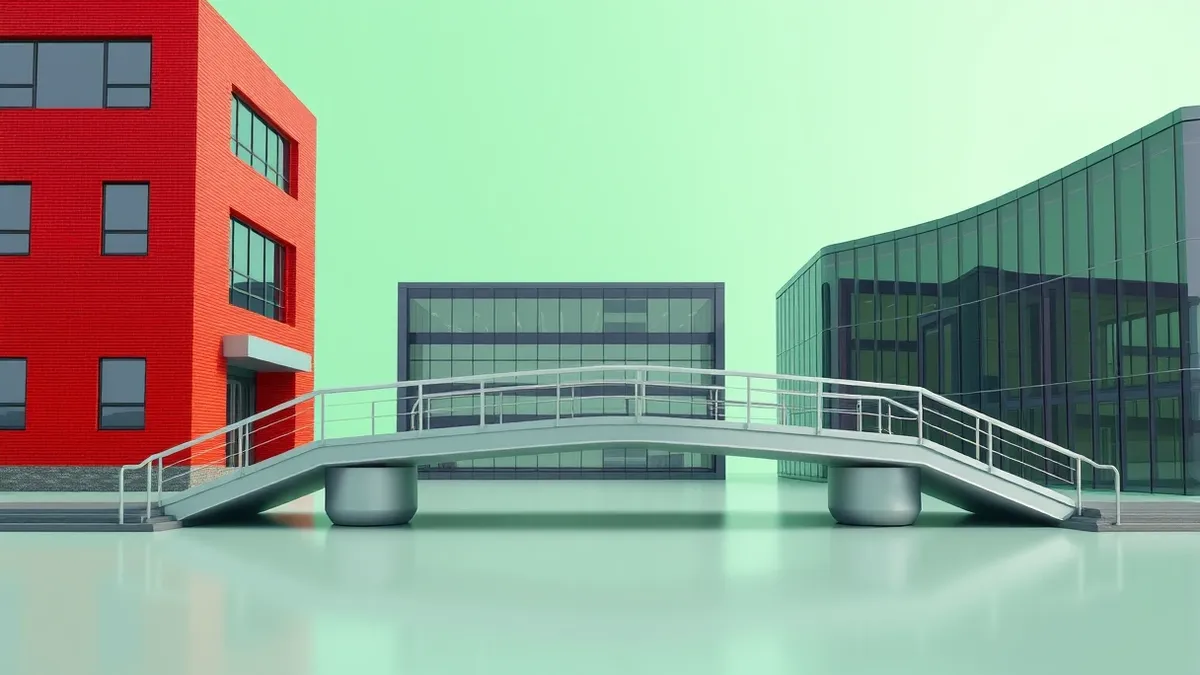 Illustration: A large red brick building with a prominent entrance sits beside a smaller office structure.