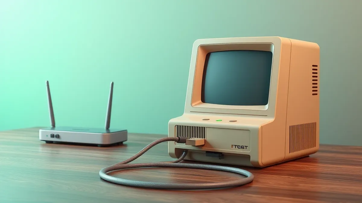 Illustration: A vintage beige computer terminal sits on a dusty wooden desk, its thick gray cable plugged into a modern router.