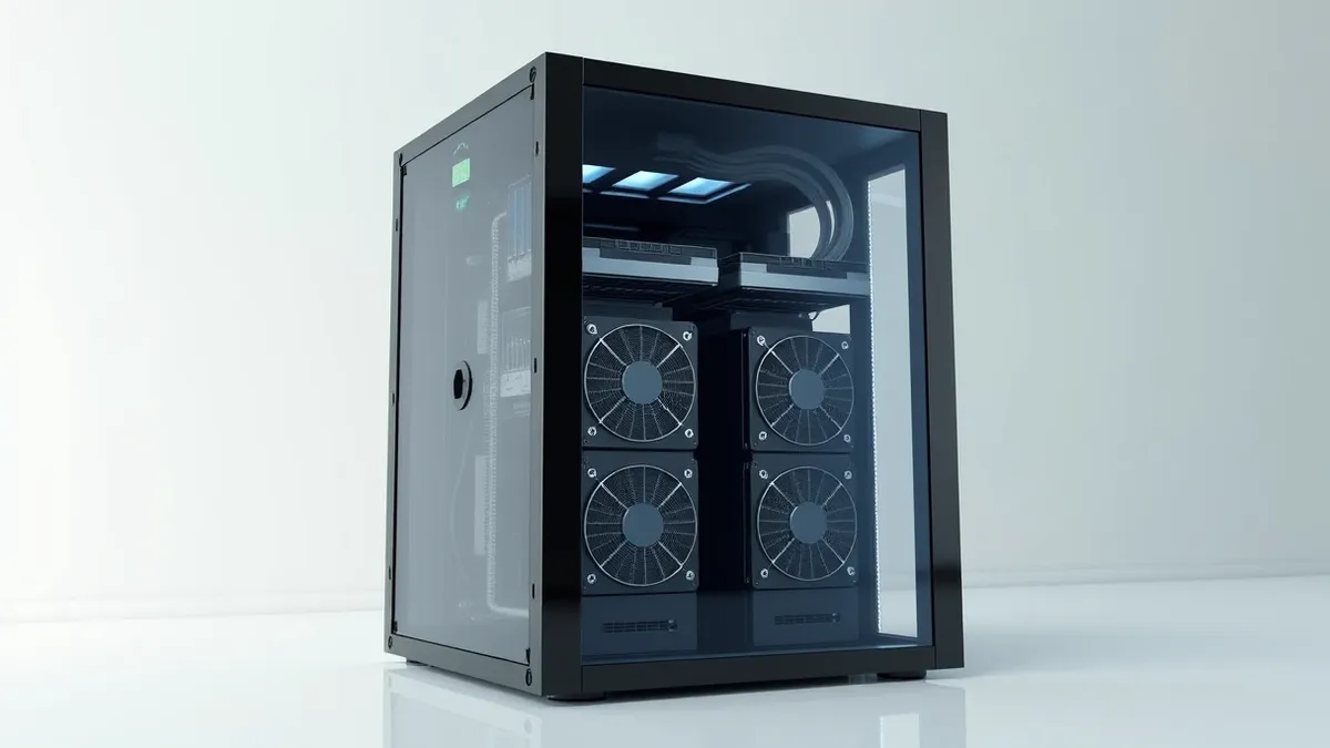 Illustration: A sleek black server rack sits in a clean white room with cooling fans spinning inside its open chassis.