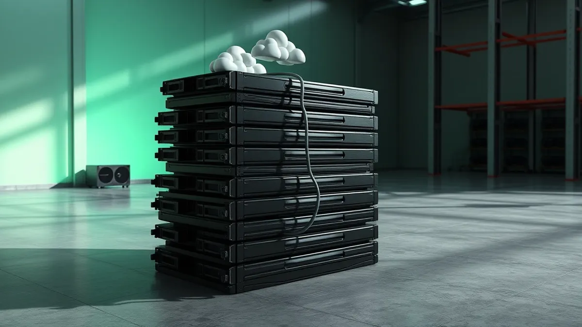 Illustration: A massive stack of black graphics cards sits on a sterile concrete floor.
