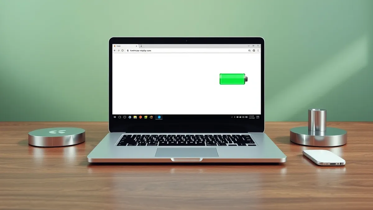 Illustration: A silver laptop sits open on a wooden desk, displaying a web browser window with an empty white page.