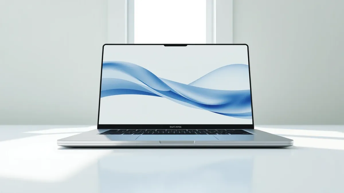 Illustration: A sleek silver laptop rests on a white desk with its screen displaying soft abstract blue waves.