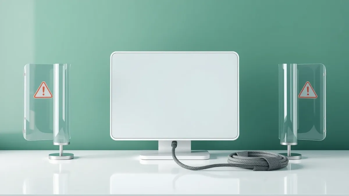 Illustration: A white smart display sits on a clean desk, surrounded by floating translucent shields that block out red warning icons.