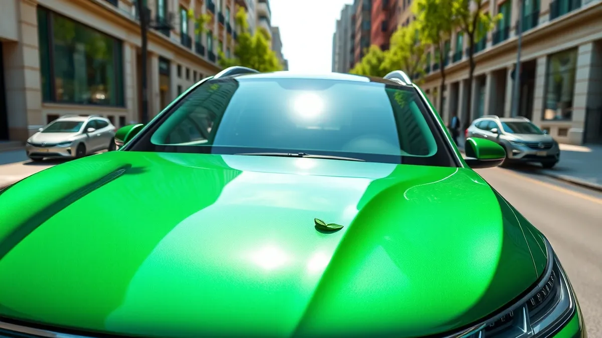 Illustration: A sleek green electric sport utility vehicle sits parked on a sun-drenched urban street.