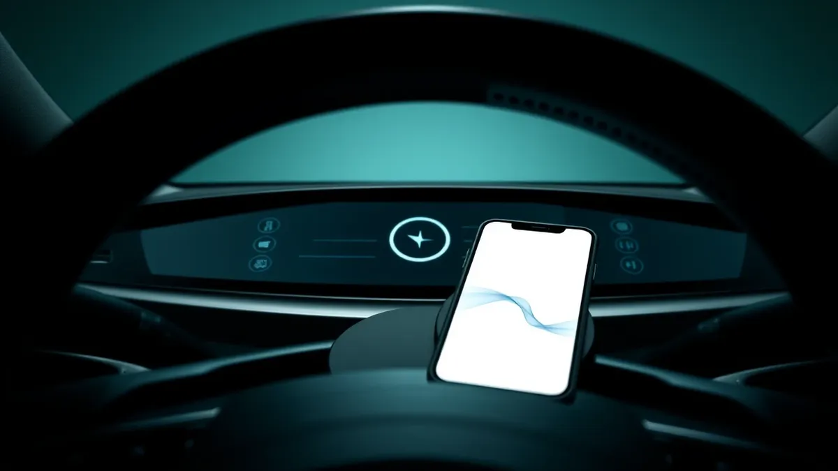 Illustration: A modern car dashboard sits in shadow, displaying a clean interface with a central circular icon and abstract menu bars.