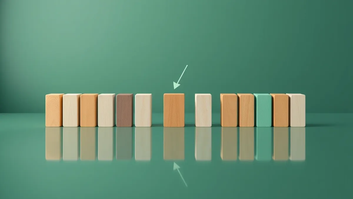 Illustration: Thirteen identical wooden blocks stand in a neat row on a polished desk, each painted a different solid color.