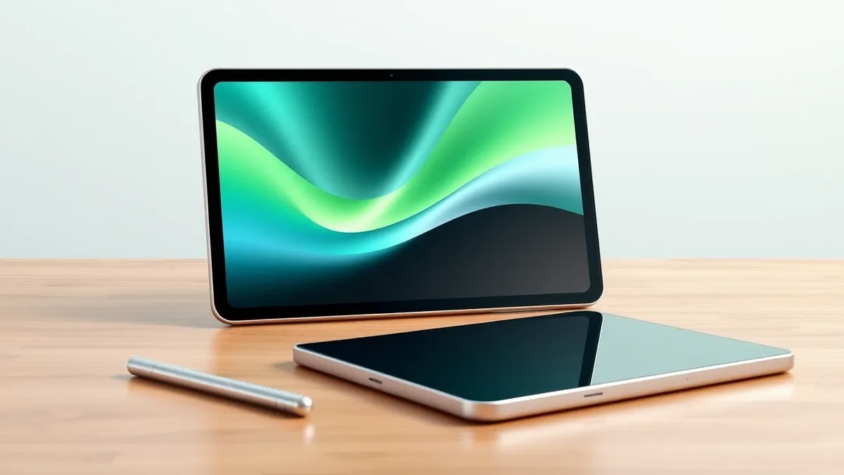 Illustration: A sleek tablet rests on a wooden table, its screen displaying a vibrant abstract color gradient.