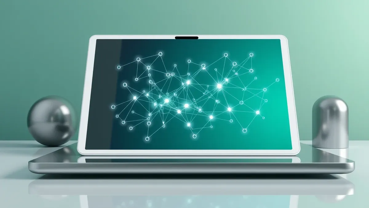Illustration: A sleek white tablet rests on a clean desk, its screen displaying an intricate web of interconnected nodes that shift and adjust in real time.