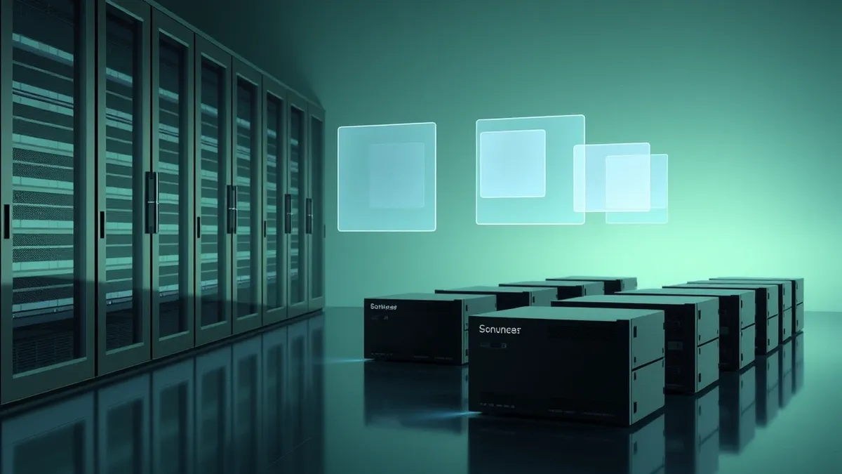 Illustration: A sleek server room floor glows with faint blue light from rows of identical black blades.