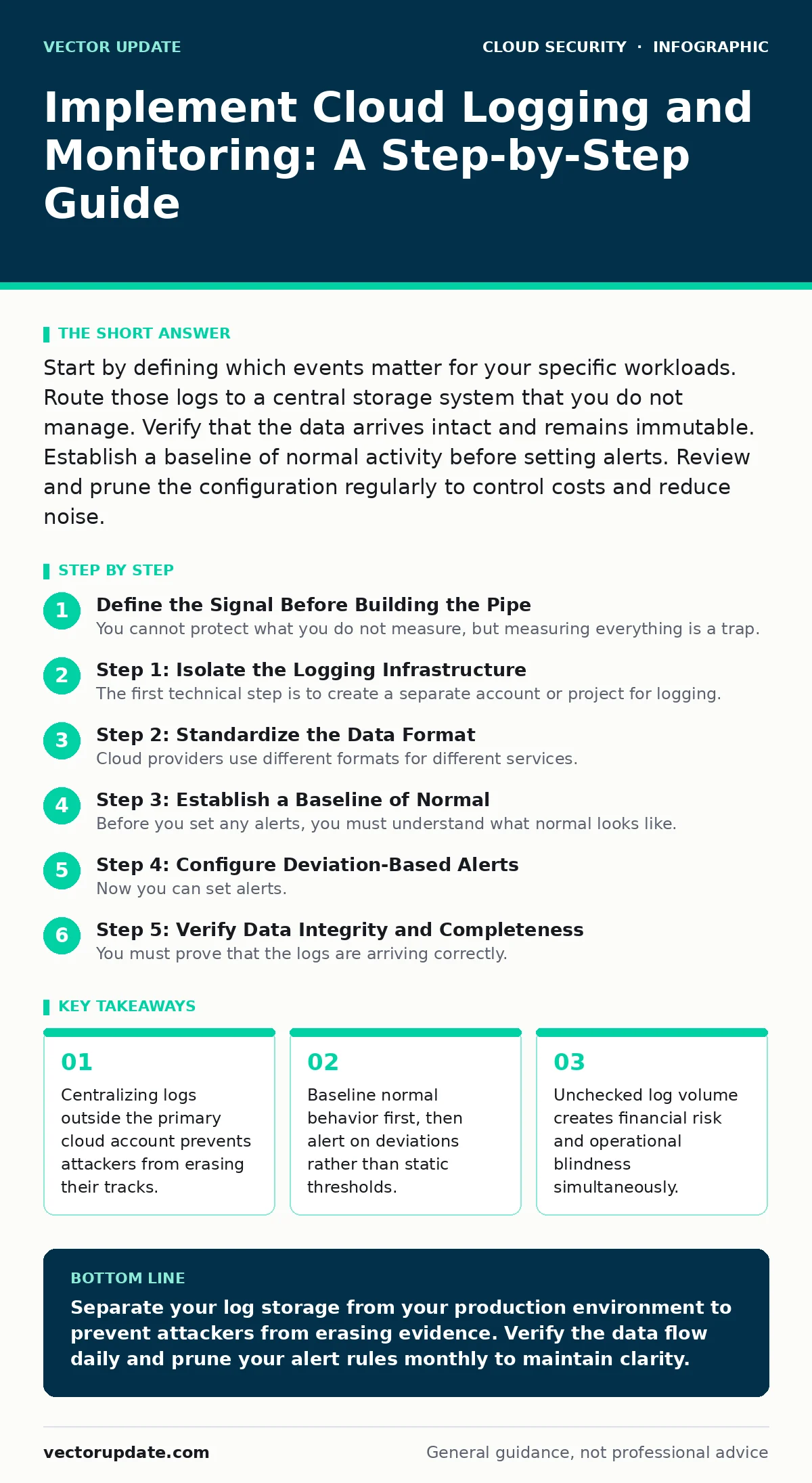 Infographic: Implement Cloud Logging and Monitoring: A Step-by-Step Guide. Centralizing logs outside the primary cloud account prevents attackers from erasing their tracks. Baseline normal behavior first, then alert on deviations rather than static thresholds. Unchecked log volume creates financial