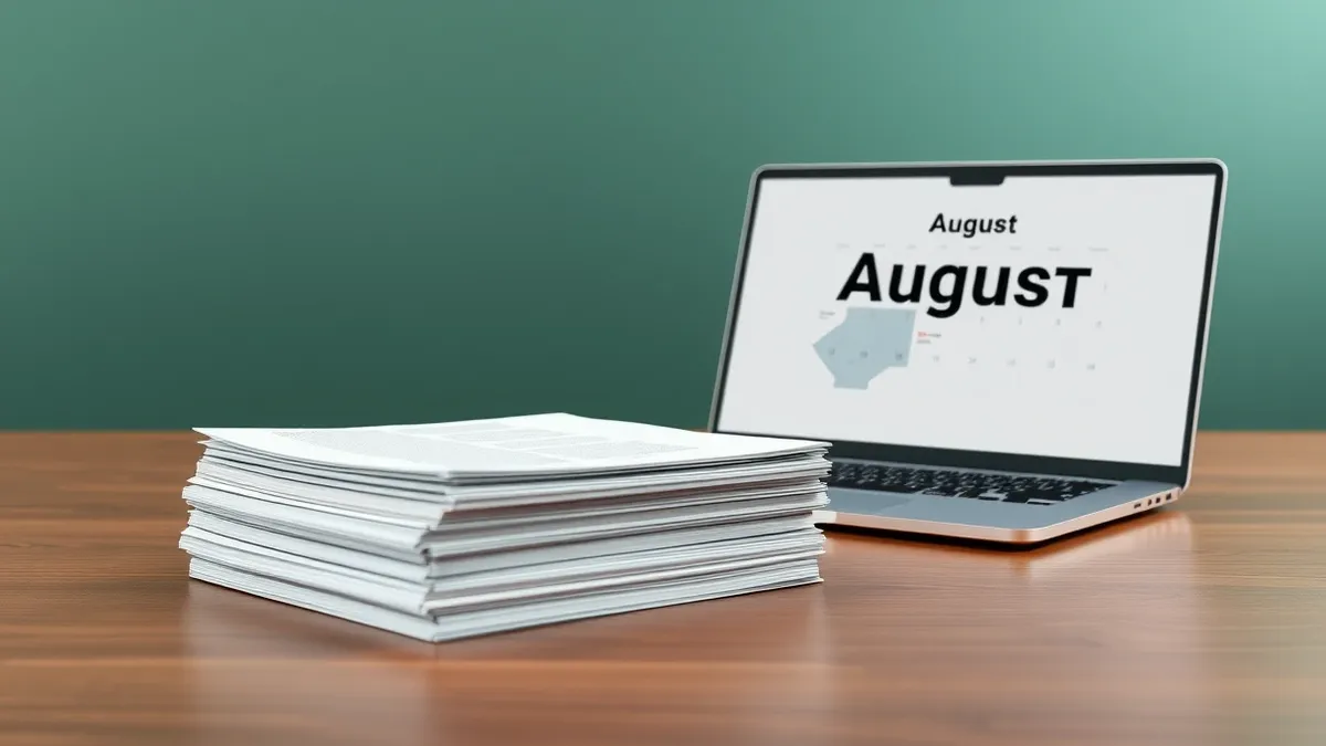 Illustration: A stack of official-looking documents sits on a wooden desk next to a modern laptop displaying a blank screen with abstract geometric shapes.