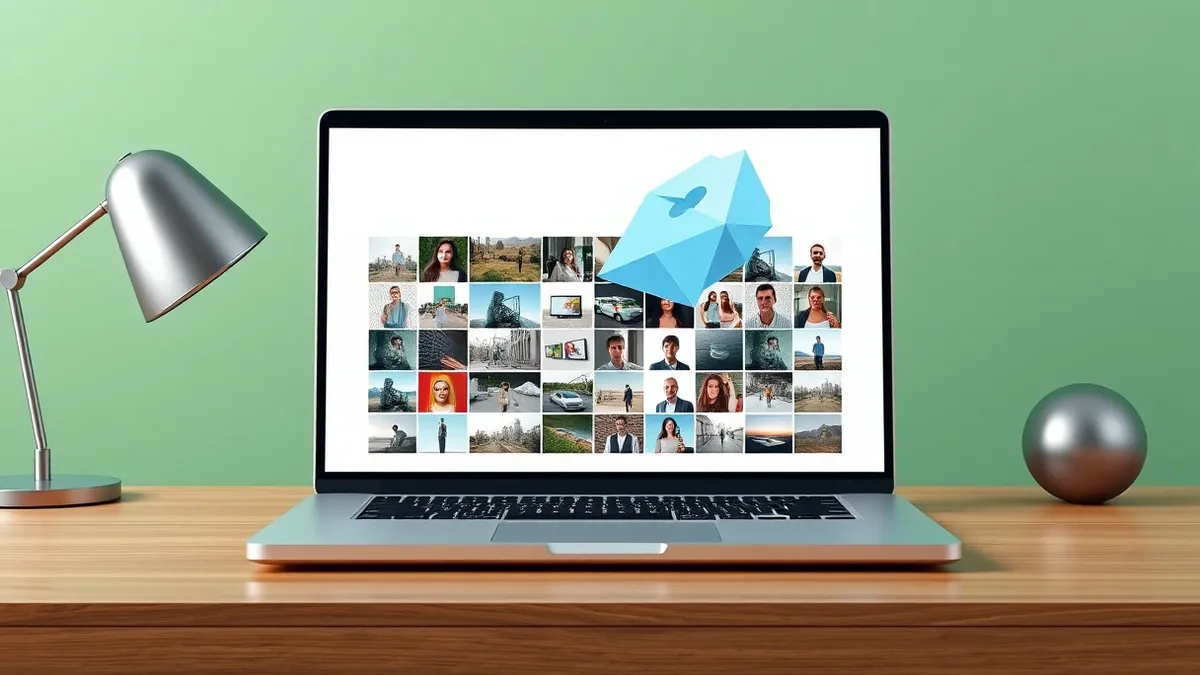 Illustration: A sleek laptop screen displays a modern photo gallery interface with neatly arranged image thumbnails.
