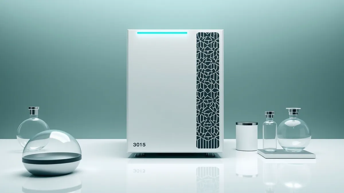 Illustration: A sleek white server unit sits on a clean laboratory bench, its front panel featuring a subtle geometric pattern that hints at complex molecular structures.