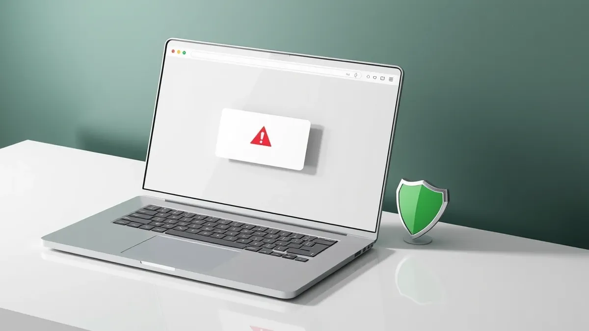 Illustration: A sleek silver laptop sits on a clean white desk, its screen displaying a single web browser window.