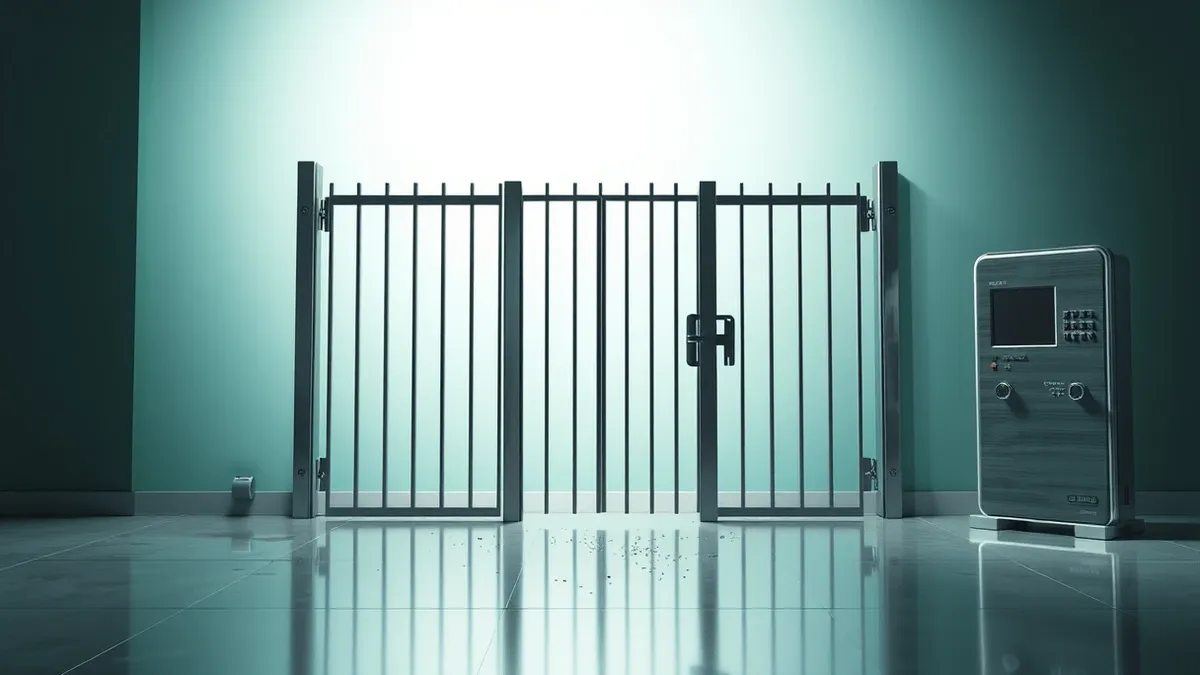 Illustration: A digital gate stands wide open beside a neglected control panel.