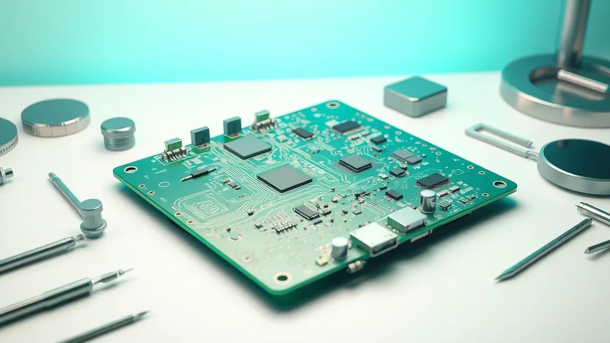 Illustration: A disassembled green circuit board rests on a white workbench, exposing intricate gold pathways and microchips.