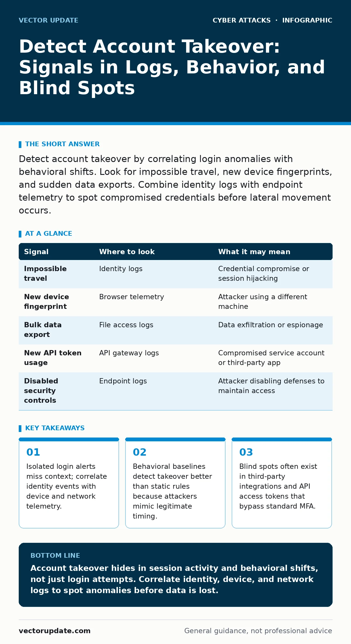 Infographic: Detect Account Takeover: Signals in Logs, Behavior, and Blind Spots. Isolated login alerts miss context; correlate identity events with device and network telemetry. Behavioral baselines detect takeover better than static rules because attackers mimic legitimate timing. Blind spots ofte