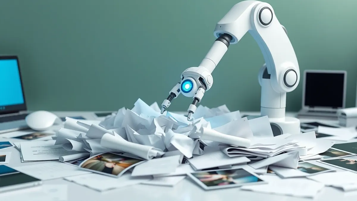 Illustration: A sleek white robotic arm rests gently on a scattered pile of crumpled paper documents and glossy photographs.