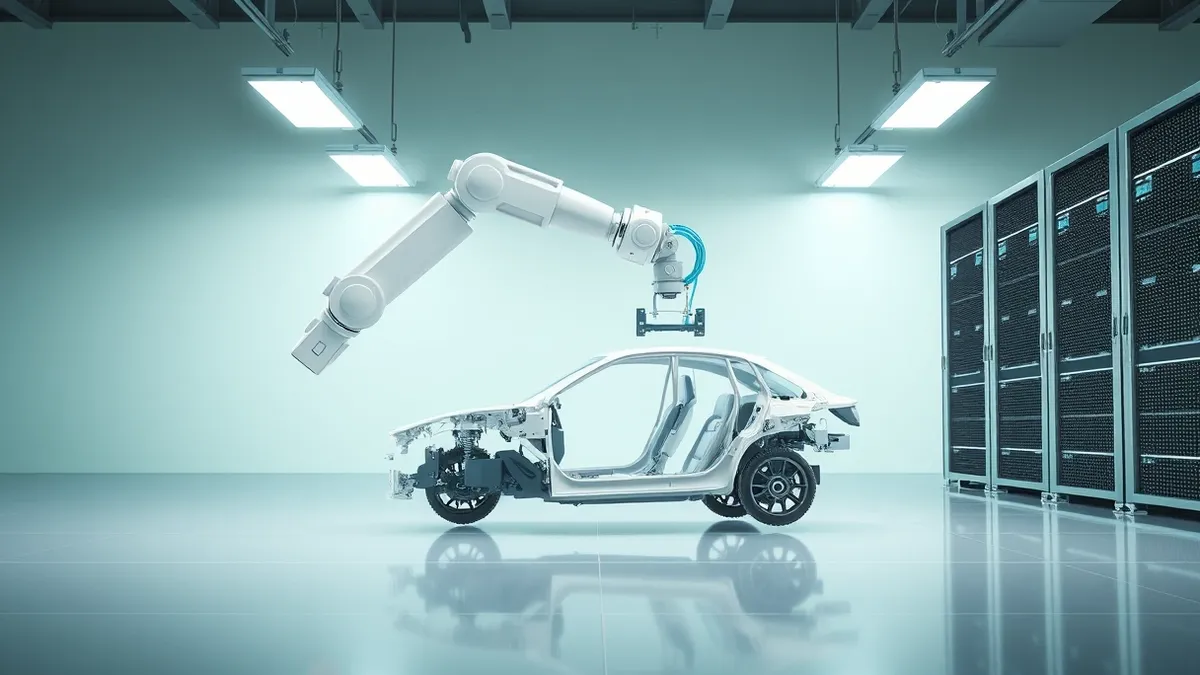 Illustration: A clean industrial factory floor features a sleek white robotic arm assembling a modern car chassis under bright overhead lights.