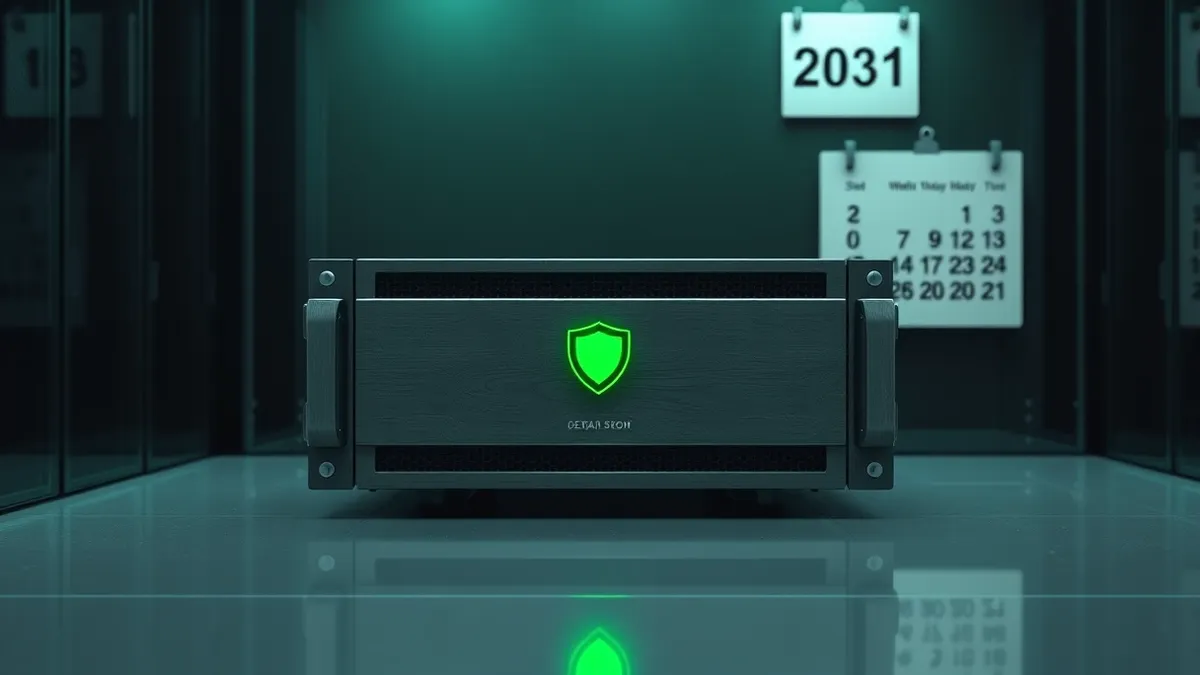Illustration: A dusty server blade sits in a dark rack while a faded calendar on the wall highlights the year 2031.