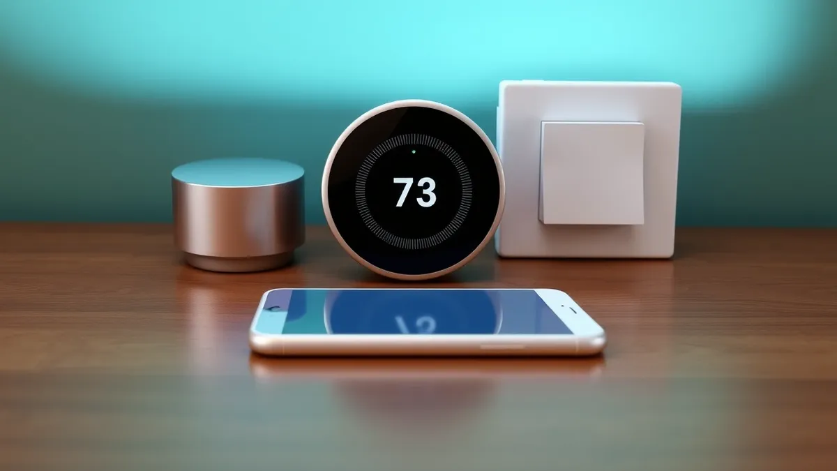 Illustration: A white smartphone rests on a wooden table next to a sleek circular thermostat and a modern light switch.
