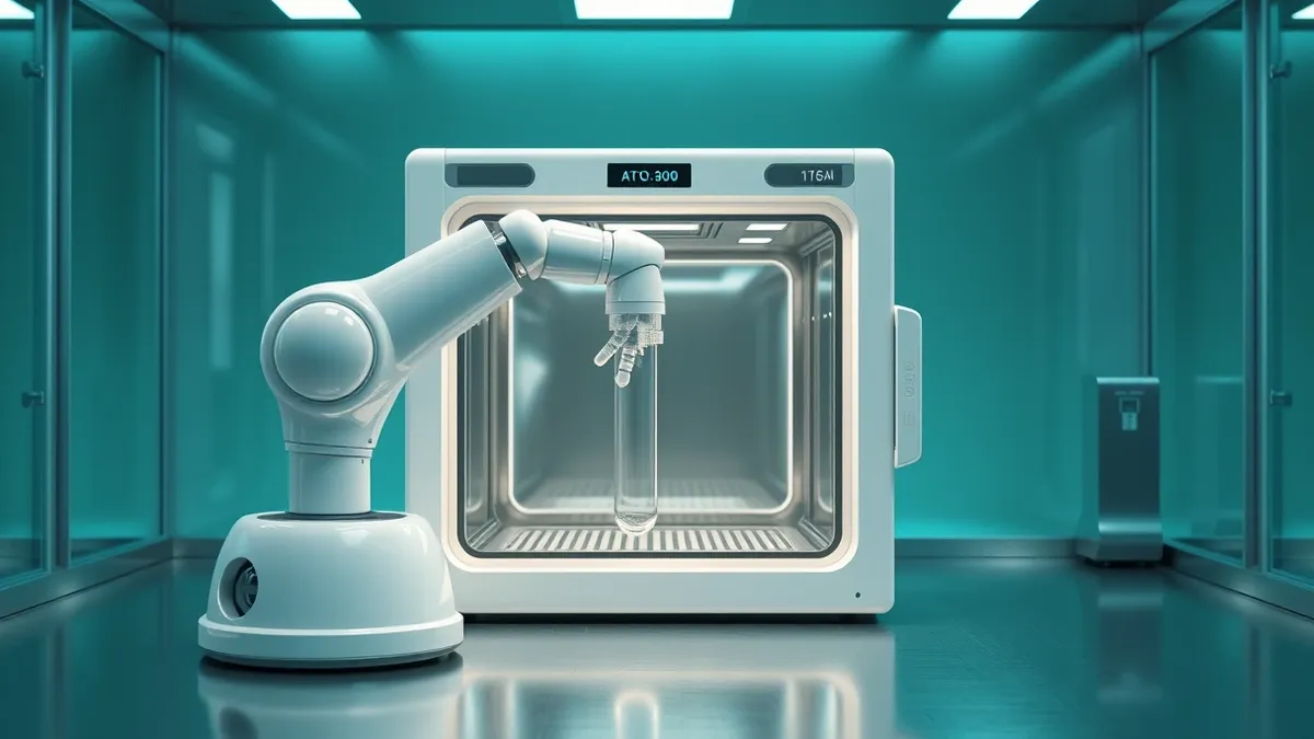 Illustration: A sleek white robotic arm carefully places a transparent test tube into a futuristic laboratory incubator.