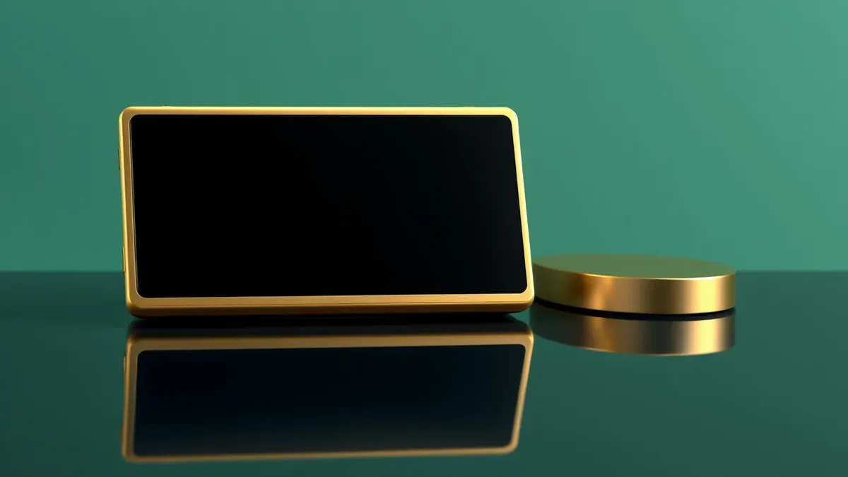 Illustration: A sleek gold-plated digital audio player rests on a dark polished surface, its metallic casing reflecting soft studio light.