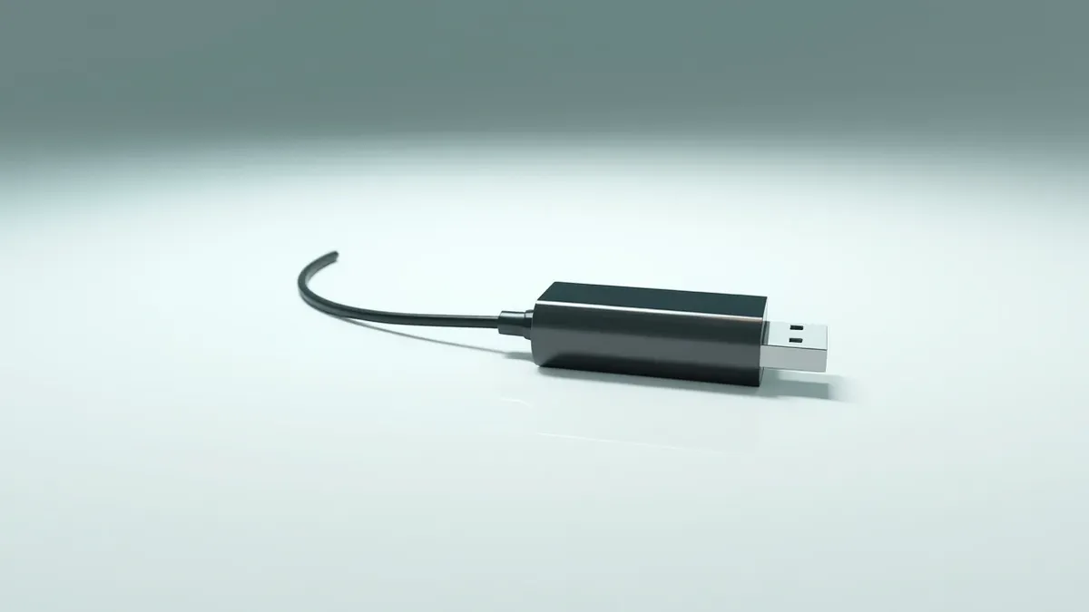Illustration: A sleek black rectangular flash drive rests on a clean white surface, connected to a thick cable that trails off-screen.