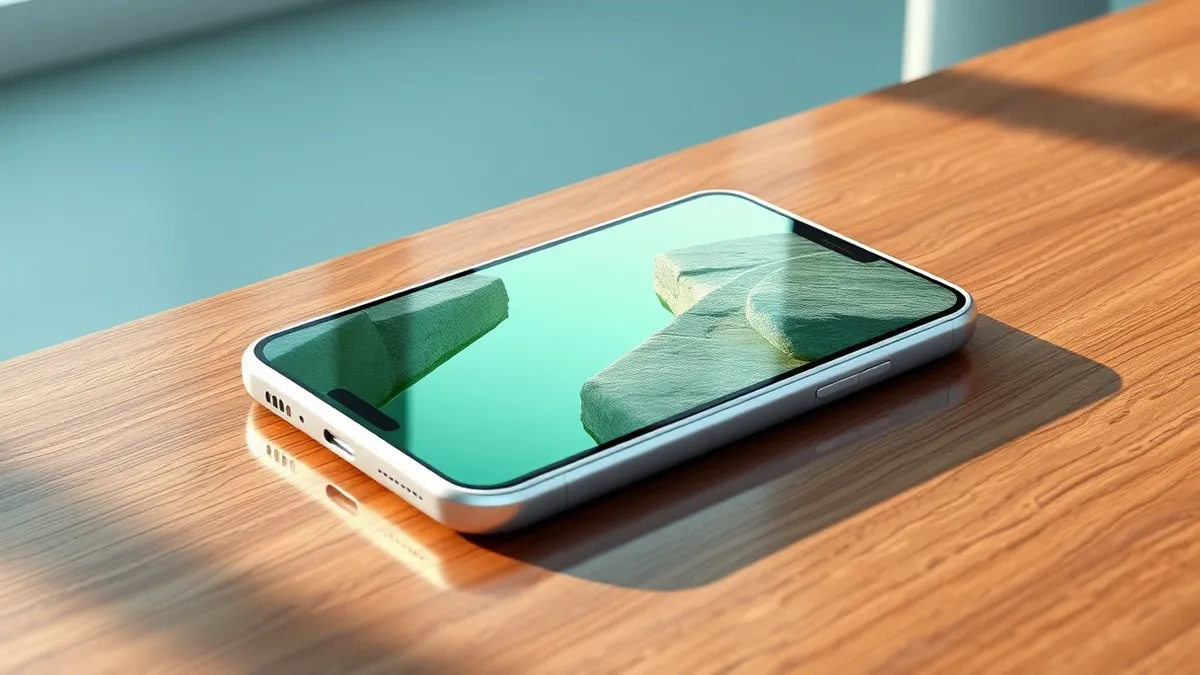 Illustration: A sleek white smartphone rests on a polished wooden table.
