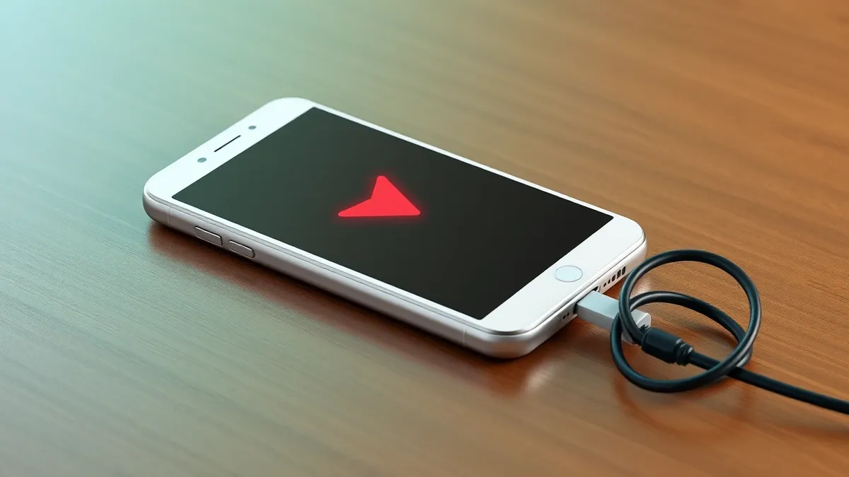 Illustration: A white smartphone rests on a wooden table, its screen glowing with a single red abstract shape.