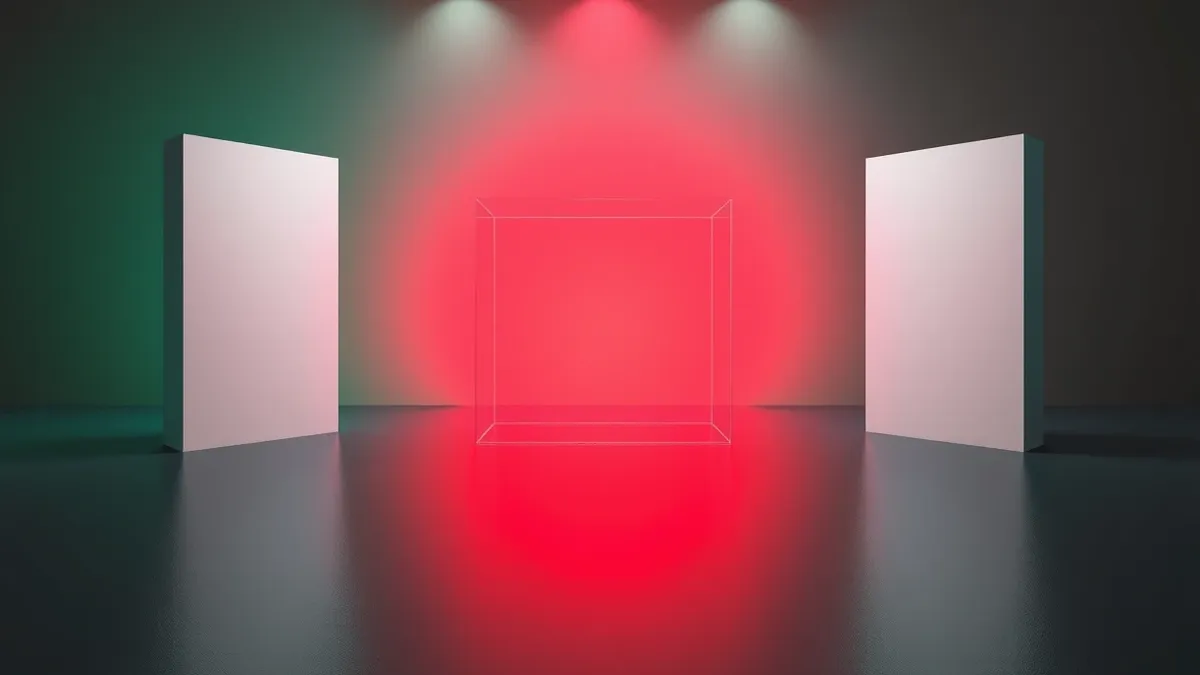 Illustration: Three separate white walls stand in a dim room, each blocking a different colored light beam.