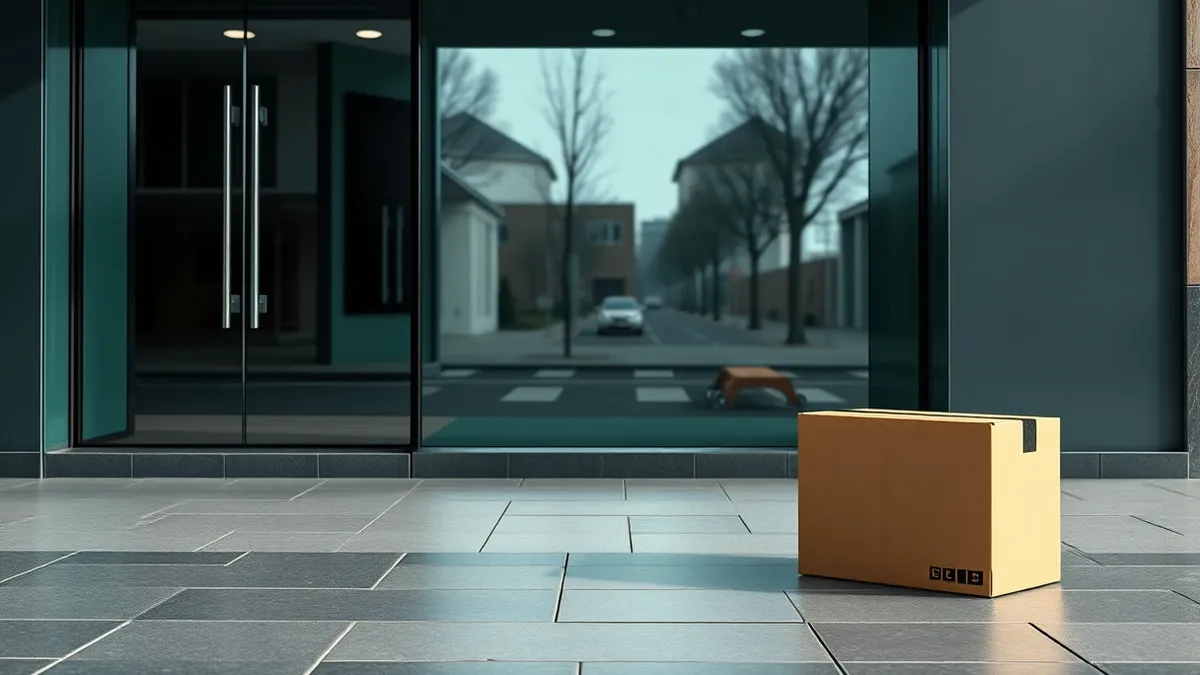 Illustration: A closed retail storefront with dark glass windows reflects empty pavement, while a single cardboard box sits abandoned on the sidewalk nearby, hinting at vanished in