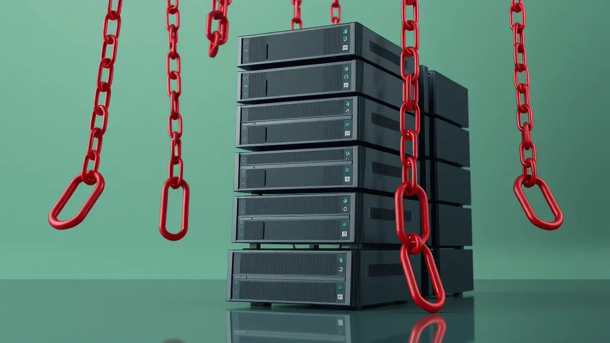 Illustration: A towering stack of blank black server blades leans precariously under the weight of heavy red chains.