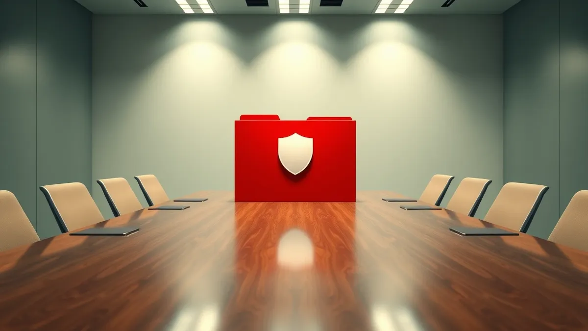 Illustration: A sleek wooden conference table stands empty in a stark, modern boardroom.
