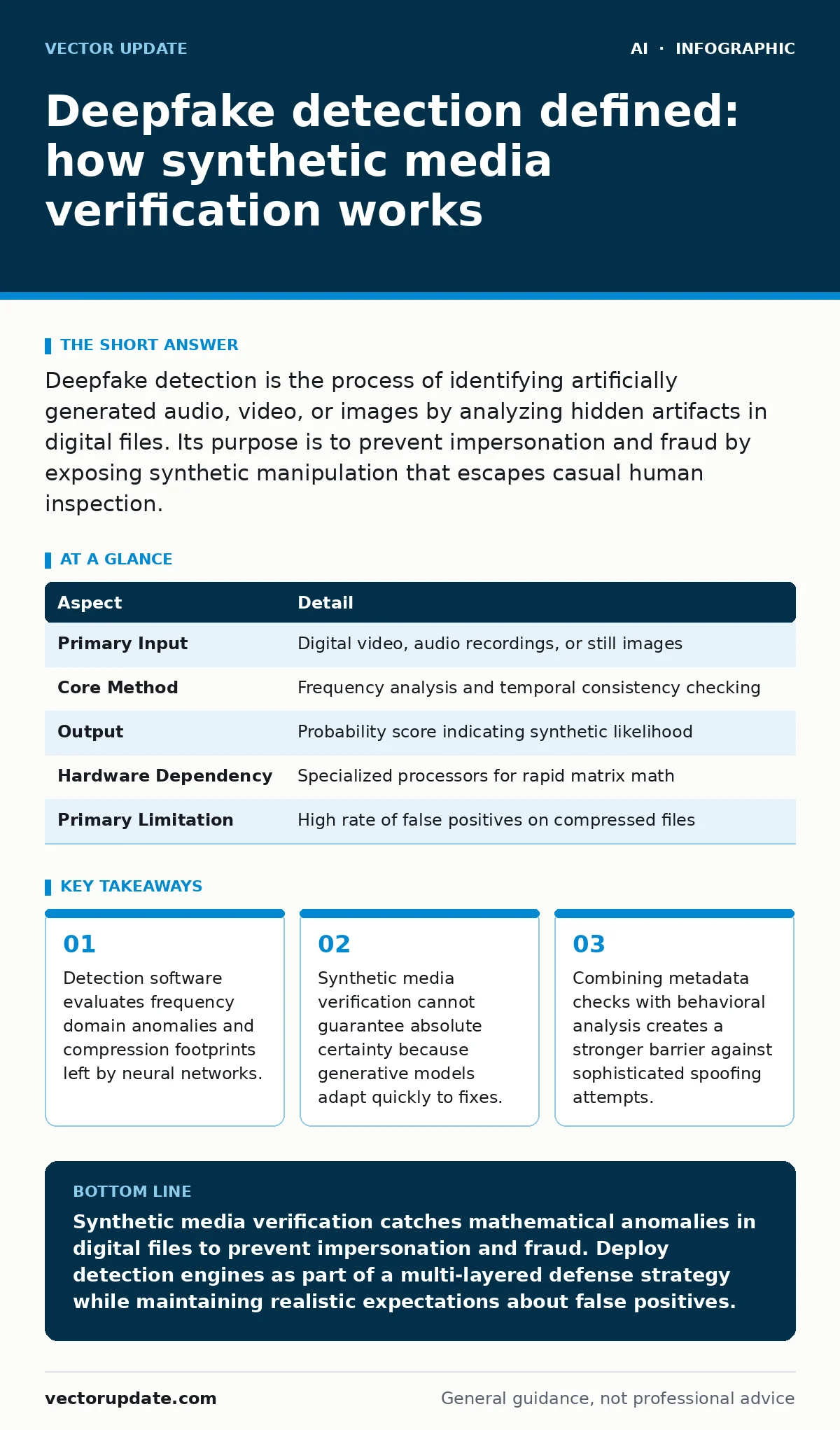 Infographic: Deepfake detection defined: how synthetic media verification works. Detection software evaluates frequency domain anomalies and compression footprints left by neural networks. Synthetic media verification cannot guarantee absolute certainty because generative models adapt quickly to fix