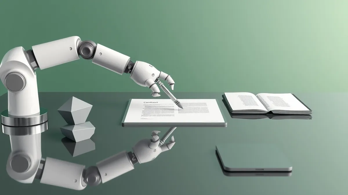 Illustration: A sleek white robot arm extends across a polished desk to tap a blank contract with a stylus.