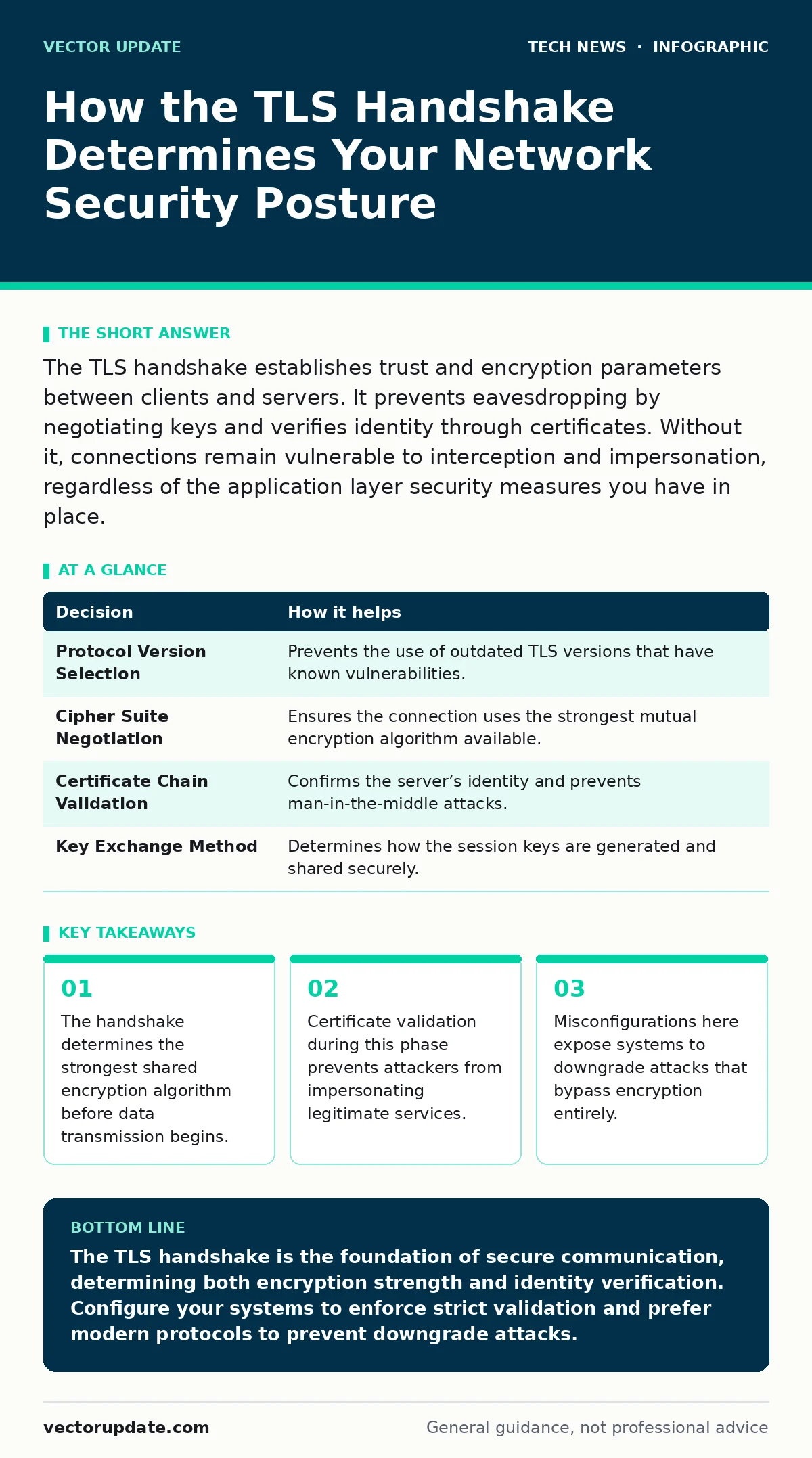 Infographic: How the TLS Handshake Determines Your Network Security Posture. The handshake determines the strongest shared encryption algorithm before data transmission begins. Certificate validation during this phase prevents attackers from impersonating legitimate services. Misconfigurations here