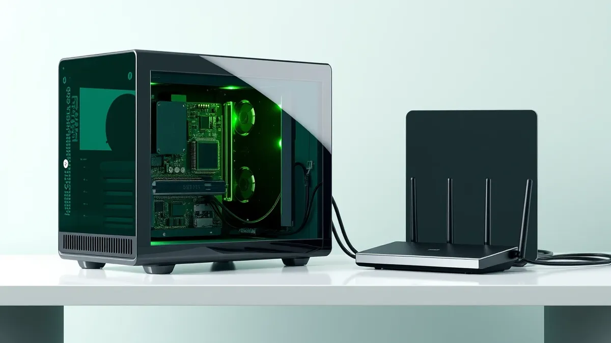 Illustration: A sleek desktop workstation sits on a clean white desk, its side panel transparent to reveal intricate green circuit boards and cooling fans.